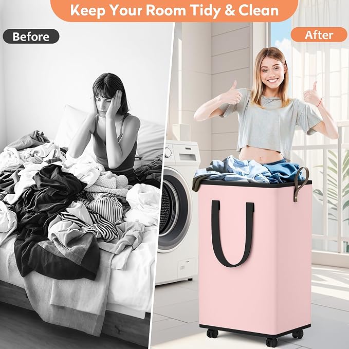 SpaceTrove Rolling Laundry Basket with Wheels, Laundry Hamper, 100L, Pink | Collapsible, 4 detachable wheels including 2 with brakes, sturdy handle, metal frame, for dorms, bathrooms and bedrooms