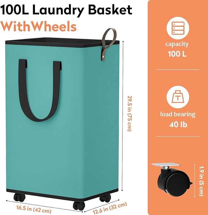 SpaceTrove Rolling Laundry Basket with Wheels, Laundry Hamper, 100L, Green | Collapsible, 4 detachable wheels including 2 with brakes, sturdy handle, metal frame, for dorms, bathrooms and bedrooms