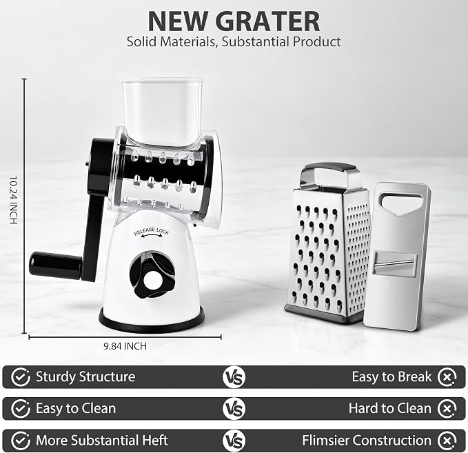 SUSTEAS Rotary Cheese Grater, Cheese Shredder with 3 Interchangeable Blades | Stainless Steel Kitchen Mandoline Vegetable Slicer , Stable Suction, Easy to Clean Grater Slicer for Vegetables, Nuts, White