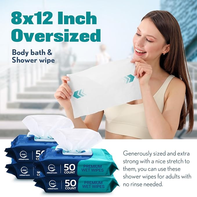 Body Wipes for Adults Bathing No Rinse - Adult Wipes for Elderly 8"x 12"(200 count) Shower No Rinse, Incontinence Disposable Washcloths, Aloe Vera, Vitamin E + 4 individual Packs
