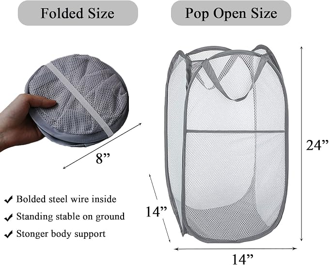 Larpur Pack of 3 Pop up Laundry Hampers, Collapsible Laundry Baskets, Gray | Portable Mesh Clothes Hampers for Home Room, College Dorm, Apartment, Foldable Hamper with Carry Handles