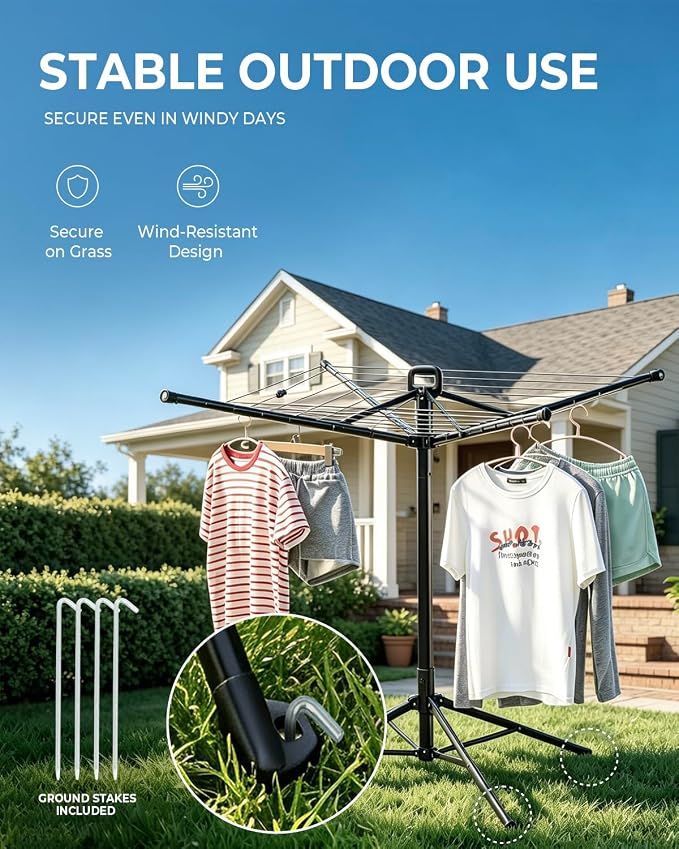 JS HANGER Rotary Clothes Drying Rack, 65 ft Outdoor Umbrella Drying Rack with Easy Push-Pull Handle, Foldable Laundry Drying Rack for Balcony, Patio & Backyard, Space-Saving Air Dryer