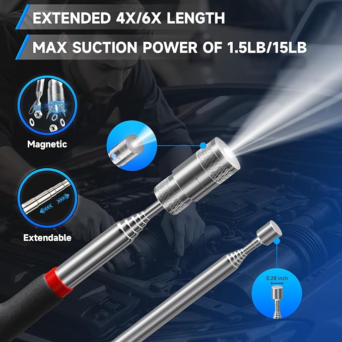 5Pcs Telescoping Magnetic Pick Up Tool Set | 1lb & 15lb Pick-up Rod, 360° Square & Circle Swivel Adjustable Inspection Mirror, LED Flashlight, Dad Gifts