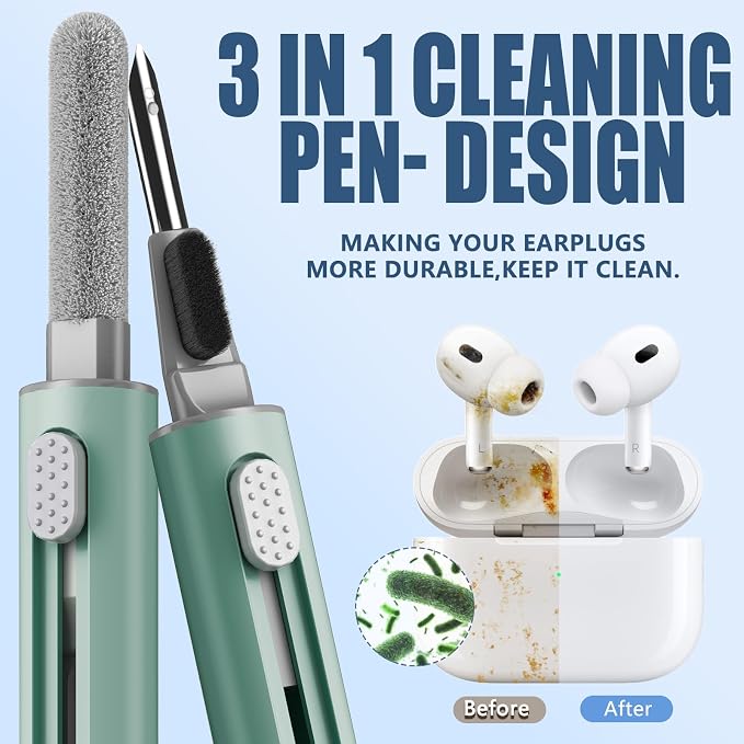 Inesore Multi Cleaning Kit for AirPods & All Bluetooth Earbuds (Green) | Metal Tip, High-Density Soft Brush, Flocked Sponge Tip, 3 in 1 Design, Compact & Lightweight, Easy Operation, Easy to Carry