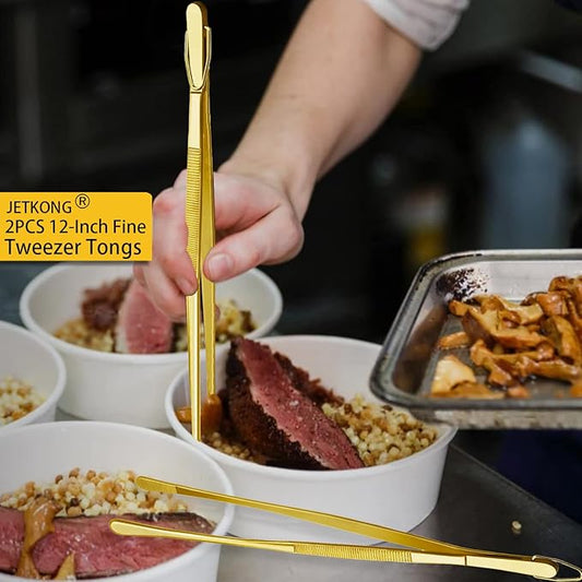 JETKONG 2 Pcs 12-Inch Cooking Tweezers Stainless Steel Food Tweezers Kitchen Tweezer Tongs (Gold)