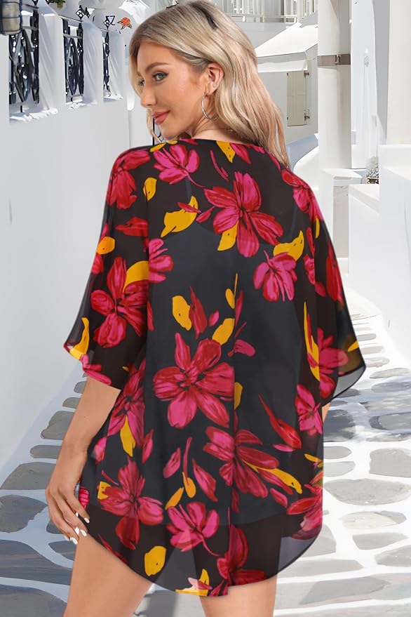 Women Kimono Cardigans Summer Cover Up Hawaiian Shirts Floral Print Tops | ROSEMIA chiffon kimono open front cardigans, beach cover ups, daily casual tops, cruise outfits, summer resort wear