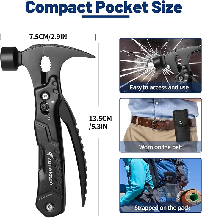 Zune Lotoo 14 in 1 Pocket Hmamer Multitool Gifts for Men | Small Multifunctional Utility Tool Stainless Steel Alloy Portable Compact Survival Hammer for Father, Dad, Handyman, Engineer