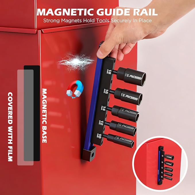 5-Piece Wing Nut Driver Set (10mm,12mm,14mm,16mm,18mm) with Magnetic Aluminum Storage Rail, 1/4" Hex Shank Wing Nut Driver Bit Set, Metric Wing Nut socket Set for Wing Nut, Eye Bolt, Wire Twisting