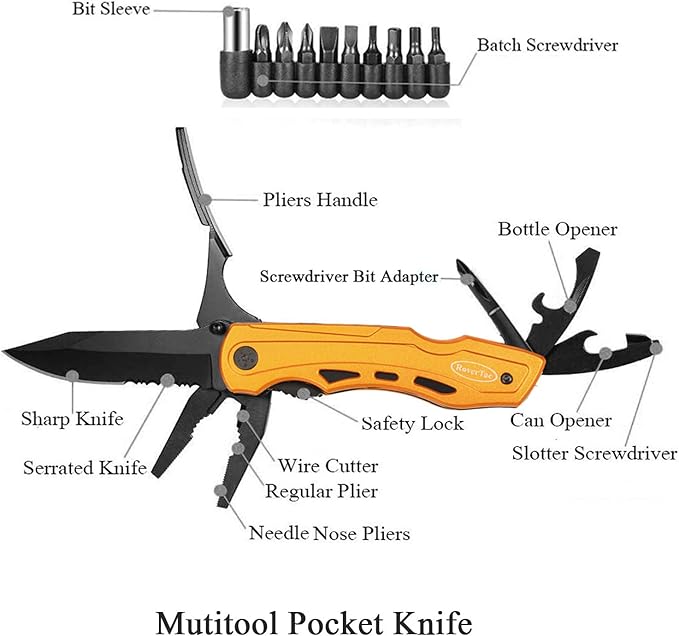 15-in-1 Pocket Multitool Knife - Folding Knife with Pliers, Bottle & Can Opener, Phillips Screwdriver + 9 Bits, Nylon Sheath - EDC Multi Tool for Camping, Hiking & DIY - Gifts for Men & Dad