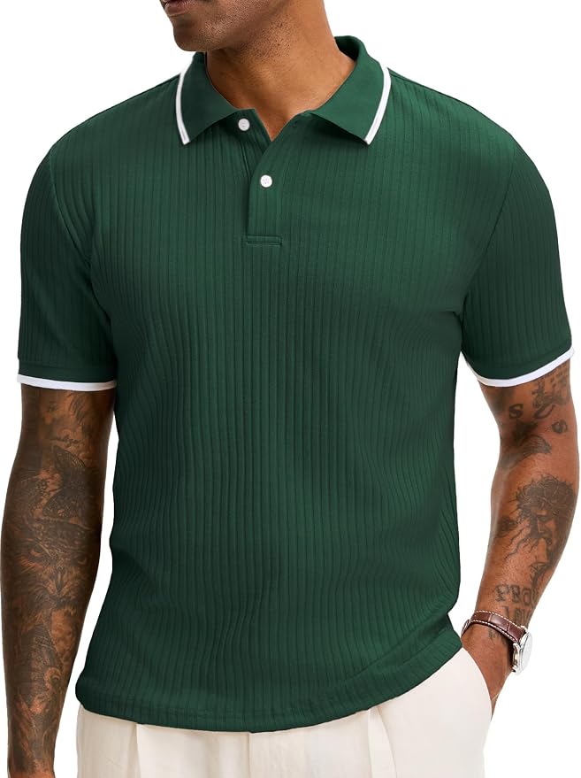 Comdecevis Men's Regular Fit Short Sleeve Knit Polo Shirts | Business casual, lightweight, breathable, stretch textured fabric, moisture wicking, easy care