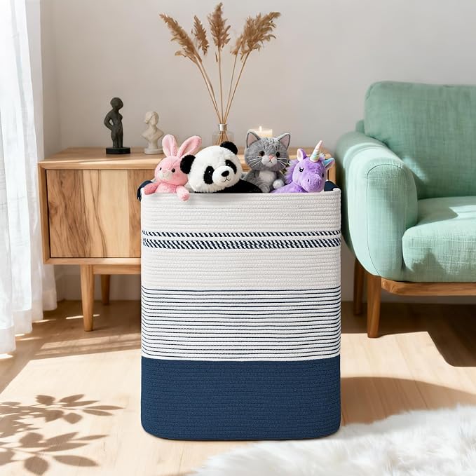 Laundry Hamper, 75L Tall Laundry Basket with Leather Handles, Rectangle Large Clothes Hamper for Organizing, Cotton Woven Laundry Baskets Storage Hampers for Bedroom, Nursery, Living Room