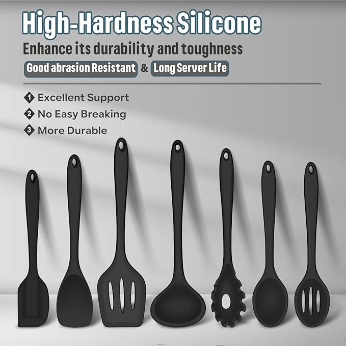 E-far Silicone Cooking Utensils Set, 7-Piece Black Heat Resistant Kitchen Utensils Set, Kitchen Nonstick Tools Spatula Ladle Spoon Pasta Server for Non-stick Cookware, Non-Toxic & Dishwasher safe