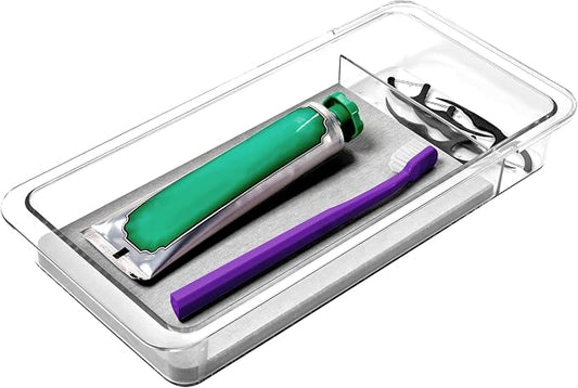 madesmart Toothbrush Drawer Organizer with Drying Stone, Clear Dental Organizer Tray for Bathroom Drawers, Toothpaste Holder, Dental Floss, Water Flosser and Mouthwash Storage, 12 Inch
