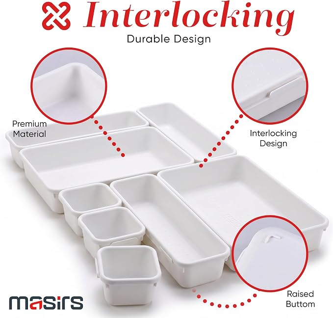 Masirs Interlocking Drawer Organizer Bins - Durable Plastic, Various Sizes for Custom Layout Design. Great for Desk Drawer, Tool Box or Garage Organization. (White | 8-Piece Set)