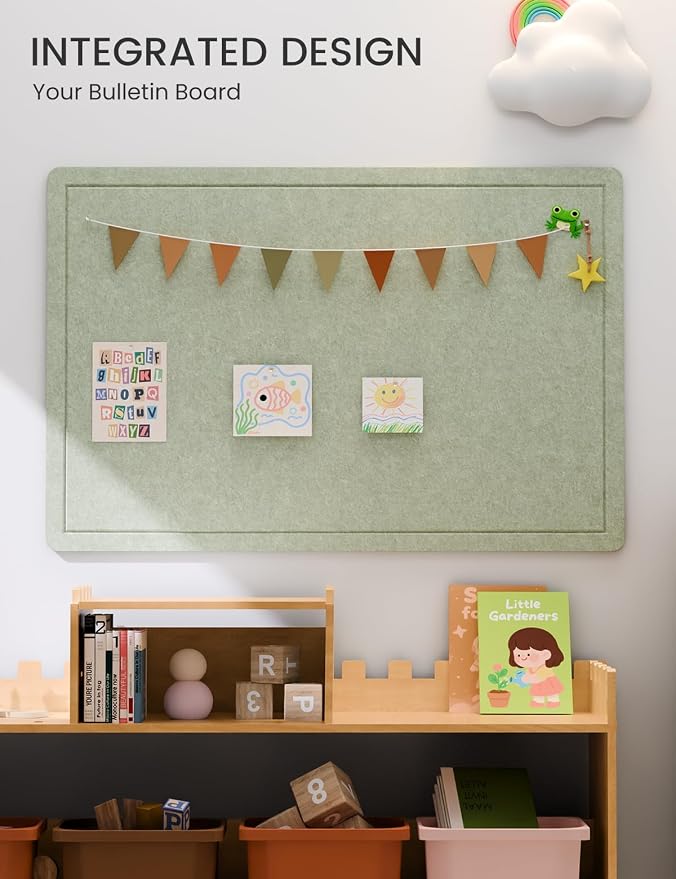 Fluxynara 35.4" x 23.6" Bulletin Board, Sage | Cork Board Alternative with 12 Removable Adhesive Tabs, Foldable Felt Pin Board for Home, Office, Classroom & Dorm