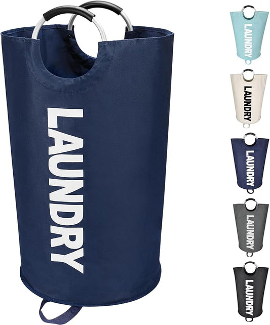 Maxsilan 90L Large Laundry Basket Bag, Collapsible Tall Hamper, Dark Blue | Freestanding tall laundry bag & foldable washing basket. Large capacity clothes storage bin with durable sturdy handles