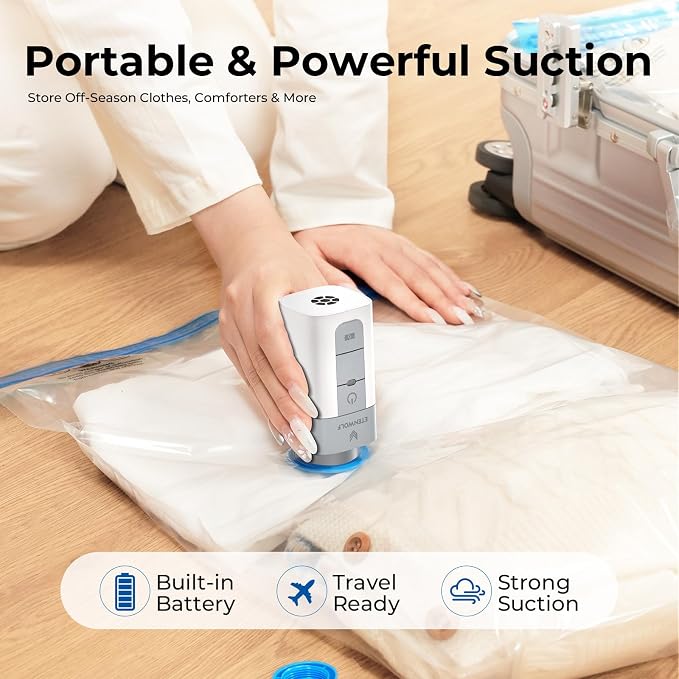 ETENWOLF 10 Jumbo Vacuum Storage Bags for Travel with Wireless Pump | Vacuum Seal Bags for Clothing Travel, Compression Packing Bags for Clothes and Blankets, Space Saver Bags in Carry-On Sizes