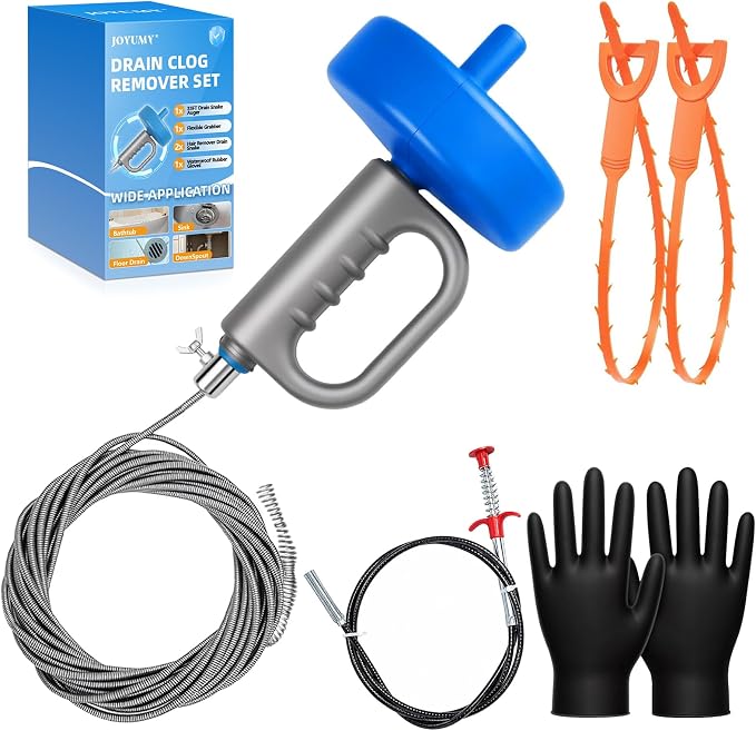 Drain Snake 5Set-33Ft Drain Clog Remover,62inch Heavy Duty Plumbing Snake,20inch Hair Clog Remover,Gloves for Bathtub,Toilet,Sewer,Kitchen Sink,Drainage Pipe(Blue)