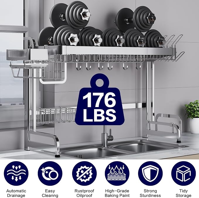 LIVOD Over The Sink Dish Drainer Drying Rack, 2 Tier Full Stainless Steel Storage Adjustable Length Kitchen Rack, Multifunctional Expandable Counter Organizer, Space Saver Dish Rack