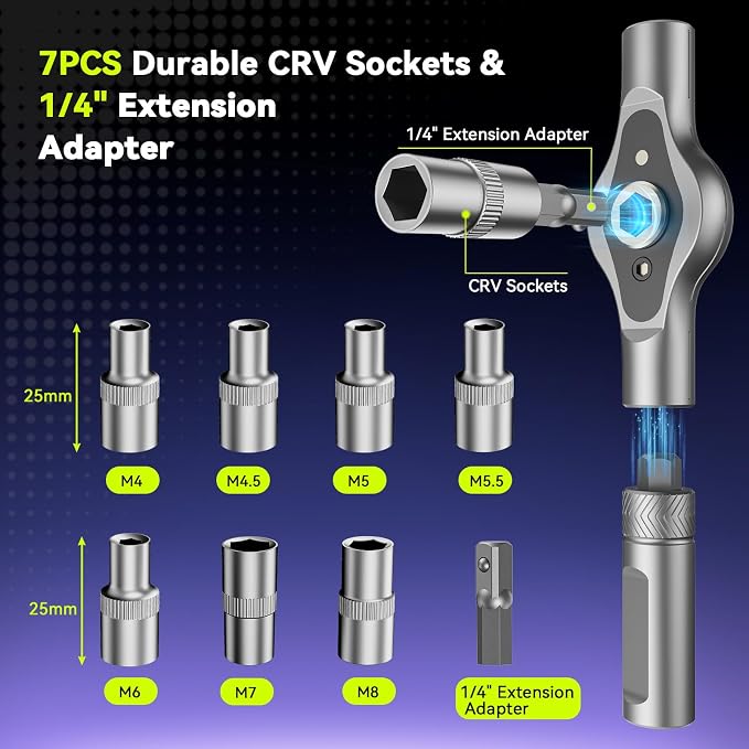 25 in 1 Magnetic Ratchet Screwdriver Set, S2 Steel Bits & 7 CR-V Sockets, Flexible Shaft, Magnetic Multi Bit Screwdriver Kit with Case for Furniture, Electronics, Bicycle & Home Repair