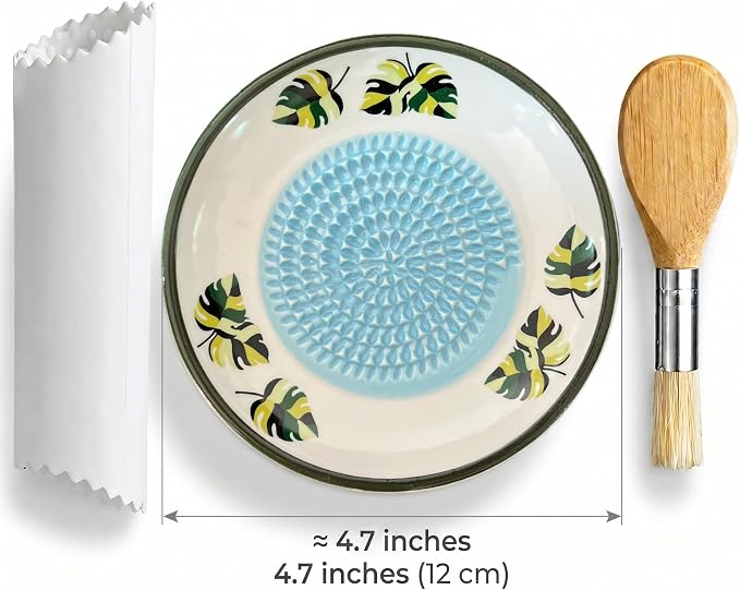4.72" Handcrafted Ceramic Garlic Grater Plate Set - Handmade Porcelain Food Mincer with Wood Brush & Textured Silicone Peeler - Sage Green Tropical Palm Leaf Kitchen Gift