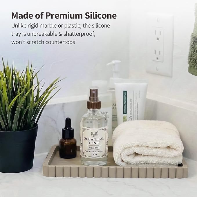 Silicone Bathroom Vanity Tray, Sink Caddy for Dish Soap Dispenser, Sponge Holder for Kitchen Sink, Rectangle Bathroom Countertop Organizer for Perfume, Jewelry, Candle (9.9” * 6”, Khaki)