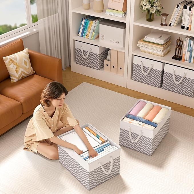 StorageTastic Storage Bins, 6-Pack Large Storage Box with Rope Handles, Collapsible Storage Basket for Organizing Books,Clothes,Rhombic Grey
