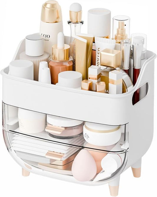Yieach Countertop Makeup Organizers with Drawers and Handle,Large Cosmetic Organizer for Bathroom Vanity and Dressing,White Cosmetic Display Cases for Hair Tool,Beauty Products,Skin Care Organizer