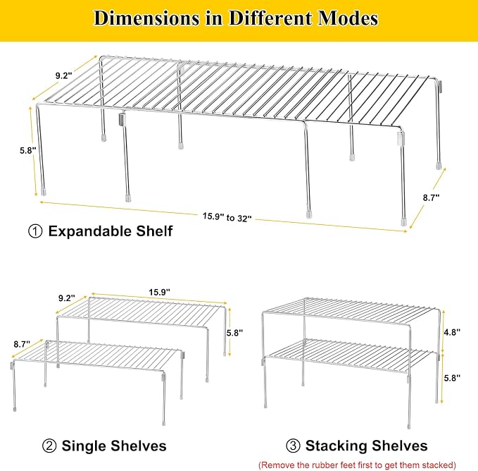 Set of 4 Kitchen Cabinet Organizer Shelves, Stackable Organizer and Storage for Cabinet Cupboard, Expandable Shelf Risers Plate Rack with Anti-slip Plastic Liner