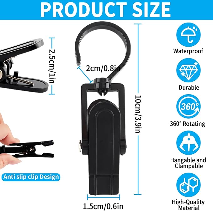 20 PCS Laundry Hooks with Clips Super Strong Plastic Home Travel Swivel Hanging Hanger Closet Organizer Clamps Socks Boot Bras Towels for Bathroom Wardrobe Kitchen Office - 4.3 Inches (Black)
