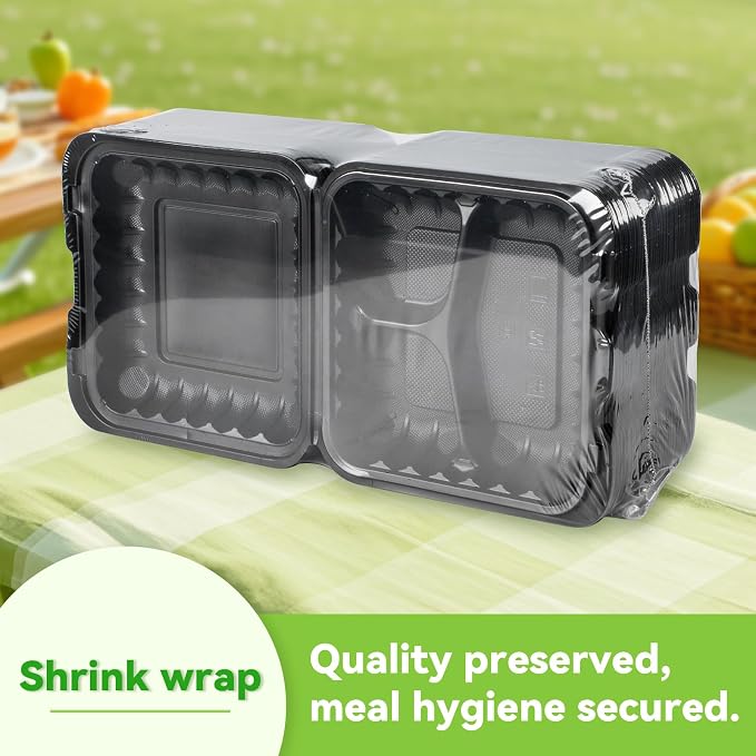55-Pack 34oz 8x8 Black To Go Boxes - Shrink Wrapped Ready To Use | 3-Compartment MFPP Clamshell Container | Heavy Duty BPA Free, Microwave Safe | Takeout Box for Meal Prep, Leftover & Party