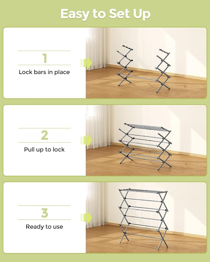 APEXCHASER 3-Tier Foldable Clothes Drying Rack, 37.6" H, Grey/Black | Rust-resistant Metal, Tool-free Assembly, Extendable Drying Hanger, Fold Flat to Easy Storage, 11.8" D x 35" W, Holds 24lbs