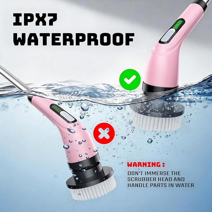Electric Spin Scrubber, 2-Speed Cleaning Brush, Extendable Handle (Pink) | Includes 7 reusable brush heads and an IPX7-rated design for cleaning bathrooms, showers, kitchens, tile, floors, and grout