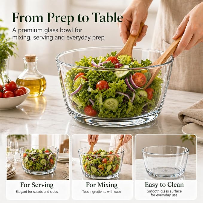 Large 5.2 Qt Glass Salad Spinner with Drain,Black | Microwave- and Dishwasher-Safe Glass Bowl, Transparent Lid, Crank Handle, Quick-Spin Salad Cleaner for Lettuce, Herbs & Fruit