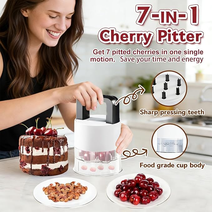 7-in-1 Cherry Pitter Tool,1.5" Extra Large Slots Making Cherry Jam | Food Grade Multi-Fruit Corer with Anti-Splatter Guard, Upgraded Easy Push Seed Remover,Dishwasher Safe