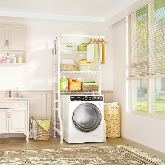 Ulif U11 Medium Over Washer and Dryer Shelves, 3 Tiers Laundry Room Storage and Organizer Standing Shelf, Metal Freestanding Clothes Drying Rack, 31.1”W x 19.7”D x 77.6”H, White