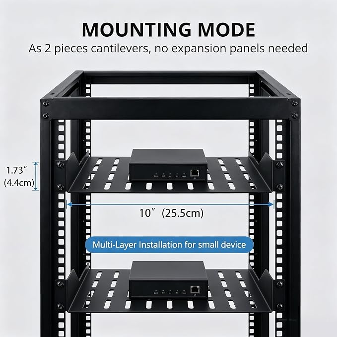 2PCS 1U Server Rack Shelf, 7.8" Depth Vented Rack Mount Cantilever Tray for 10 Inch Network Equipment Rack & Cabinet and Network Shelf Server Cabinet, 22lbs Capacity of Vented 1U Shelf