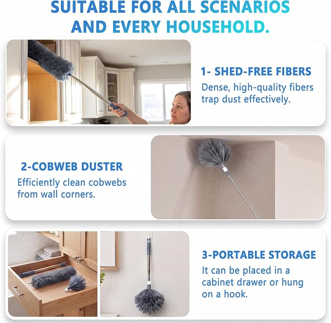 Duster with Extension Pole 30-100 Inches, Bendable Microfiber Cobweb, Gray, Duster for Cleaning Ceiling Fan, High Ceiling, Roof, Window & Blinds