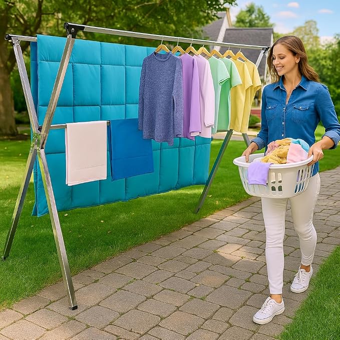 AZK Clothes Drying Rack Extendable Laundry Drying Rack with 20 Hooks | Stainless steel Sturdy Lightweight Frame Foldable Portable Design for Indoor and Outdoor Sun Drying of Garments 79.55In