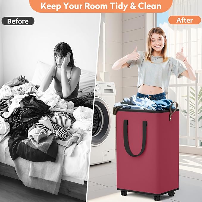 SpaceTrove Rolling Laundry Basket with Wheels, Laundry Hamper, 80L, Red | Collapsible, 4 detachable wheels including 2 with brakes, sturdy handle, metal frame, for dorms, bathrooms and bedrooms