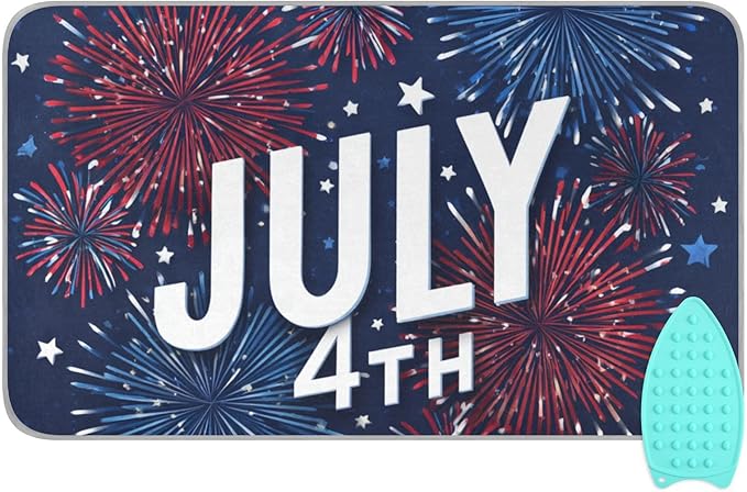 Ironing Mat Portable Ironing Pad Blanket with Silicone Iron Rest for Table Top Travel Heat Resistant Double-Side Using Large 47x28 Inch Foldable July 4th Blue Fireworks Stars