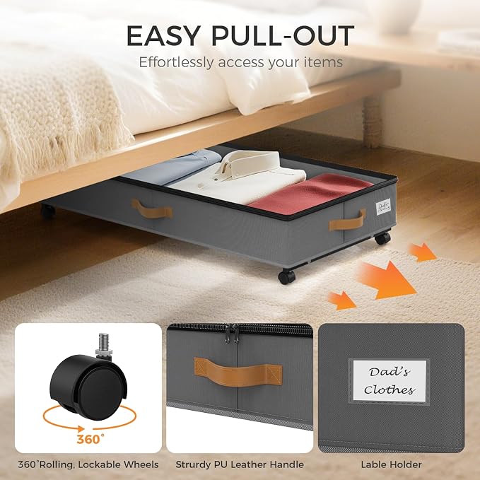 75L 4 Pack Adjustable Under Bed Storage with Wheels | Underbed containers with clear lids, rolling under bed shoe storage organizer for dorm home clothes, blankets, shoes, Grey