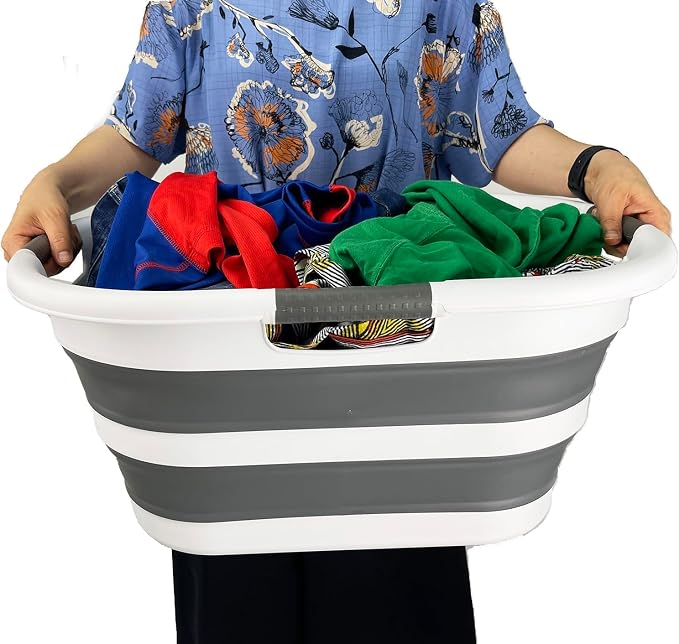 SAMMART 40L (10.5 gallon) Plastic Foldable Laundry Basket/Tub - Collapsible, Space Saving and Portable Laundry Hamper, Ideal for Home, Travel, Dorm, and Camping (1, White/Steel Gray)