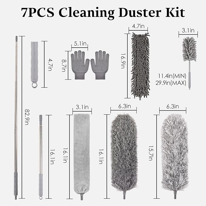 Microfiber Feather Duster Kit with Extension Pole, 7 PCS Washable Reusable Duster for Cleaning, 100'' Bendable Extendable Long Duster with Stainless Steel Pole for High Ceilings, Fans, Furniture & Car