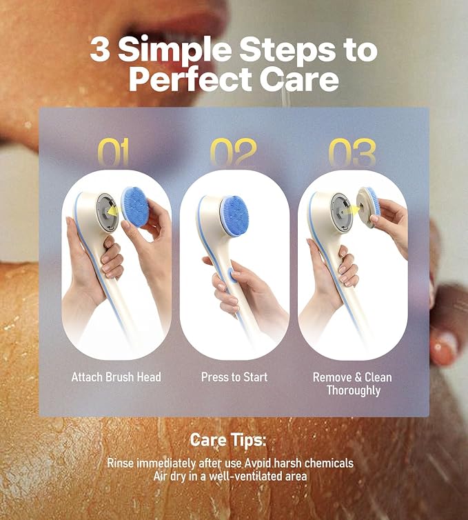 POPCHOSE Electric Body Brush for Shower with Long Handle, Waterproof | Rechargeable back scrubber with 5 interchangeable heads and 2 speeds for deep cleansing, exfoliating and massage.