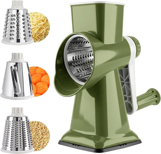 Rotary Cheese Grater,Cheese Shredder Hand Crank, Manual Cheese Grater for Veggies, 3-Blade Grater, Home Kitchen Appliances and Kitchen Gadgets (Green)