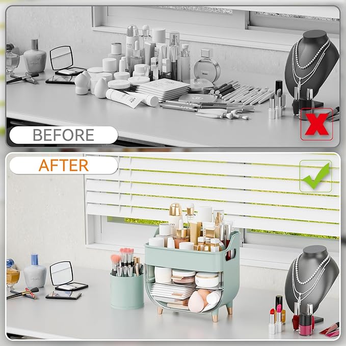 Yieach Countertop Makeup Organizers with Drawers and Handle,Large Cosmetic Organizer for Bathroom Vanity and Dressing,Green Cosmetic Display Cases for Hair Tool,Beauty Products,Skin Care Organizer