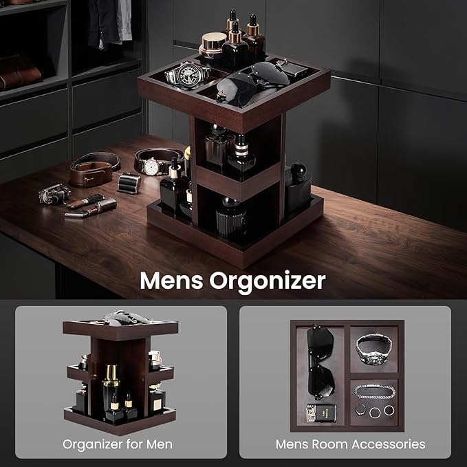 EXIN DECHEN Cologne Organizer for Men,Birthday Gifts for Men,Walnut Color | Easy Installation,360° Rotating,Boyfriend Husband Dad Gift Ideas,Mens Accessories for Desk,Bathroom Countertop,Vanity,Dresser