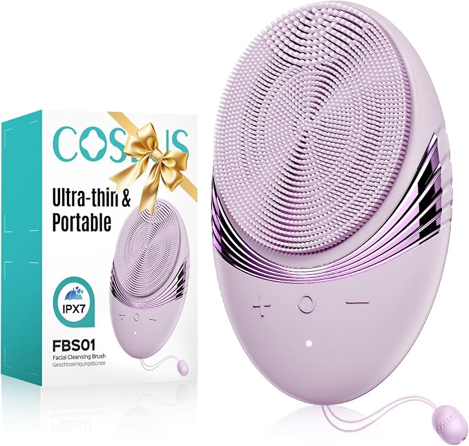 COSLUS FBS01 Facial Cleansing Brush Face Scrubber, Compact for Travel | Rechargeable, Gentle Silicone, 5 Cleansing Modes, Deep Cleaning for Men & Women, Removing Blackhead Exfoliating, Light Purple