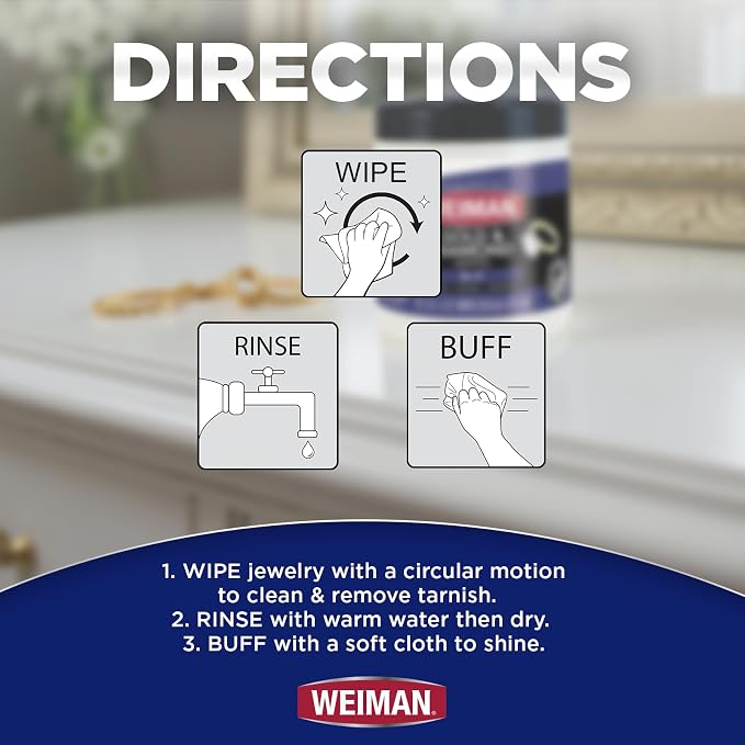 Weiman Gold & Diamond 3-in-1 Wipes - The Premium Jewelry Cleaner, Removes Tarnish and Dirt, Restores & Protect Sparkle and Shine, Easy-to-Use Wipes, Safe for Silver, Platinum, Gemstone, Titanium